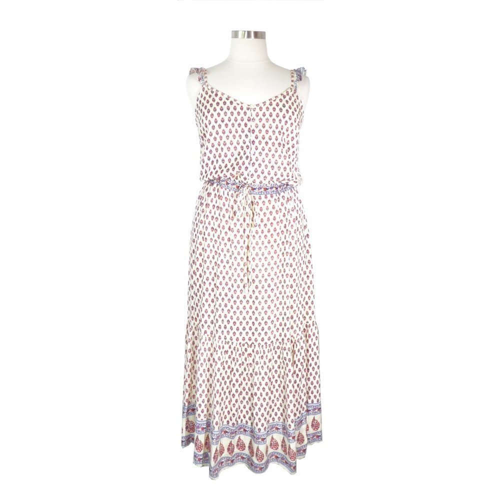 True Destiny Printed Maxi Dress Cream Red Sz XXL Ruffle Straps V Line Button